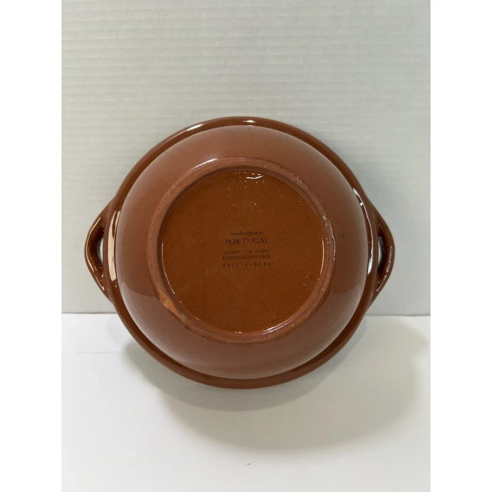 Pottery Barn Handpainted pottery clay bowl/pot with handles No Lid Serveware